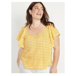 Old Navy Linen Blend Top Blouse Womens Plus 2X Yellow Gingham Tie Back Peasant